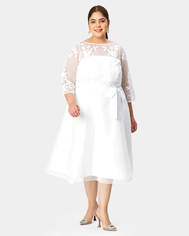 Front of a model wearing a size 6X-36W Floral embellished illusion boatneck tulle and dupioni dress in White by eShakti. | dia_product_style_image_id:290358